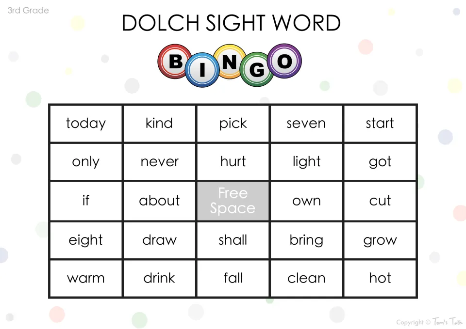 Dolch sight word bingo card: students recognize today, kind, pick, seven, start and more words around the free space