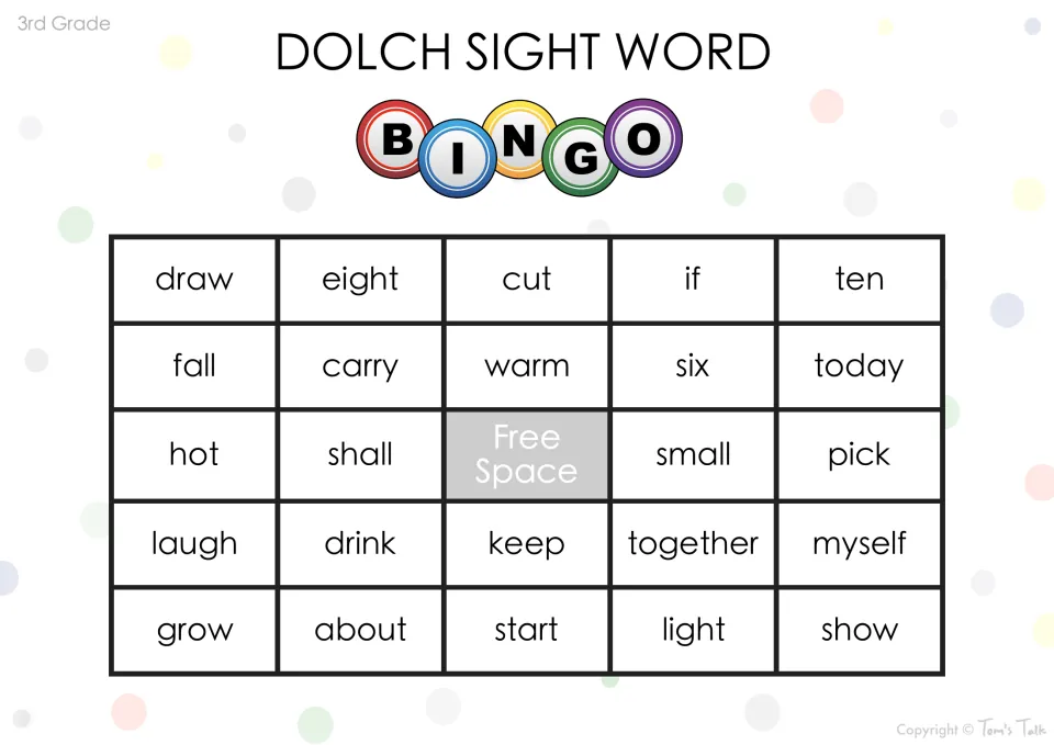 Word recognition bingo card: students mark draw, eight, cut, if, ten and other Dolch words as each is called