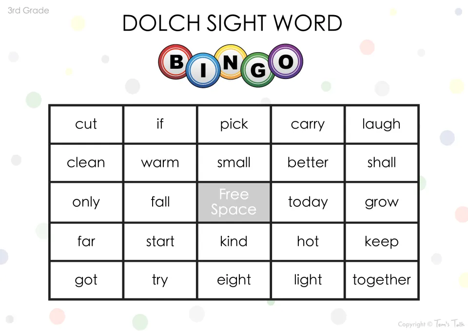 Sight word bingo card: students read cut, if, pick, carry, laugh and 19 more Dolch words, covering each one called