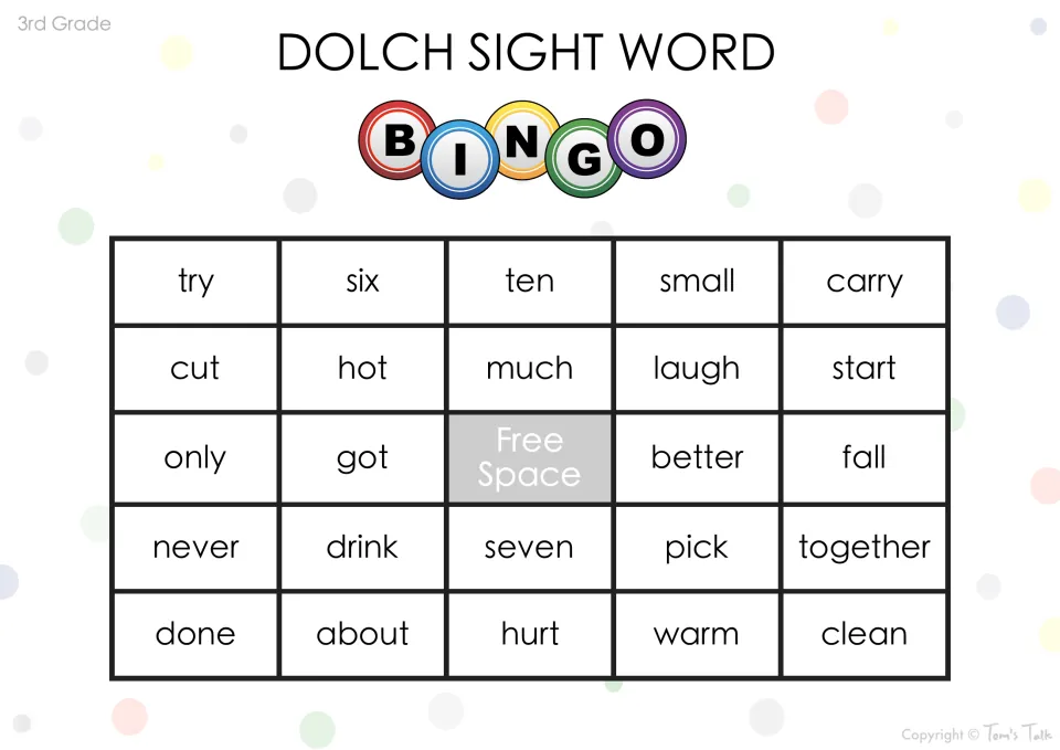 Dolch bingo card: students listen and cover try, six, ten, small, carry and other sight words on the card