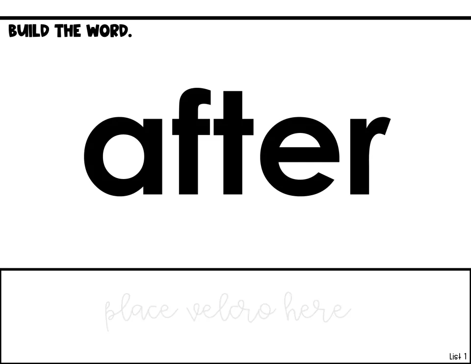 Word-building activity for 'after,' showing the target word and a designated place for Velcro attachments