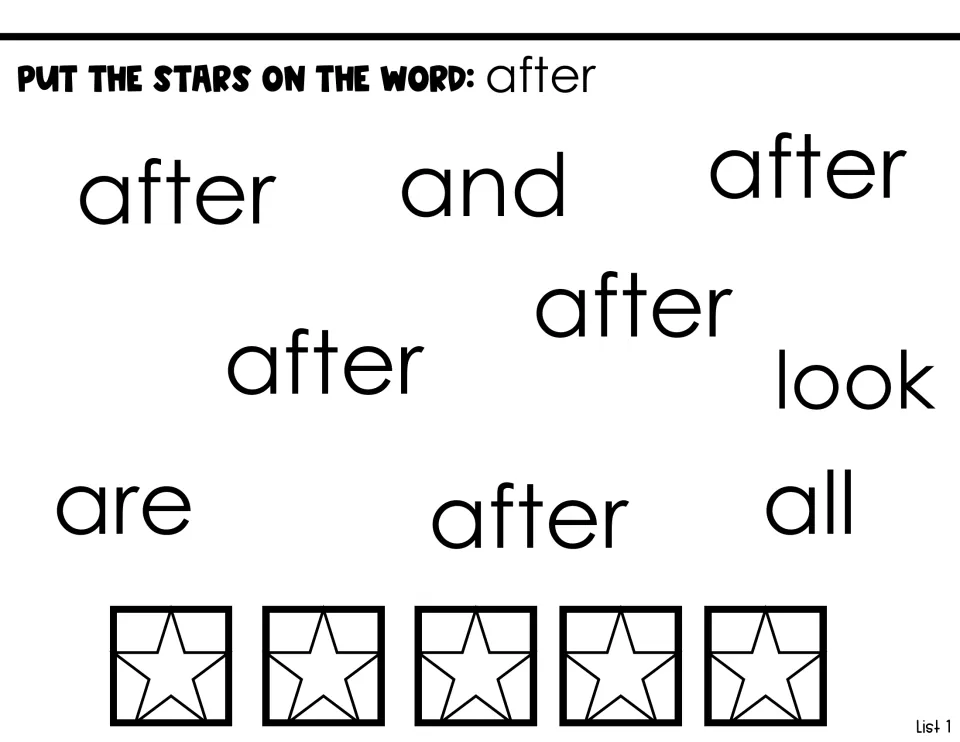 Sight-word identification task: put stars on five instances of 'after' among 'and,' 'look,' 'are,' and 'all'