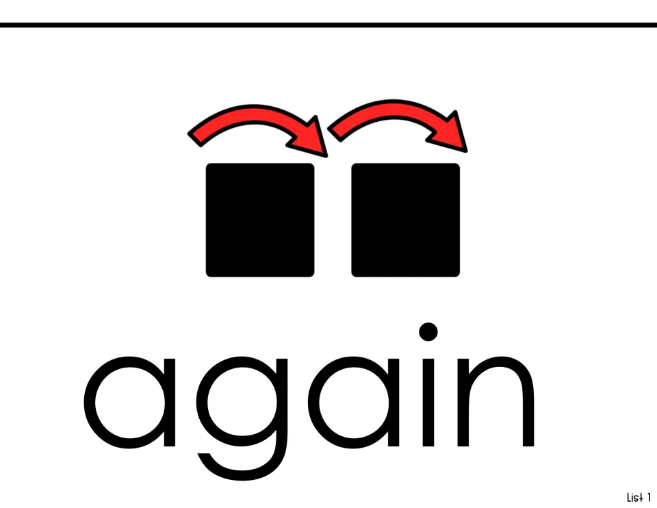 Sight-word introduction for 'again,' pairing the printed word with two black squares and repeated arrows