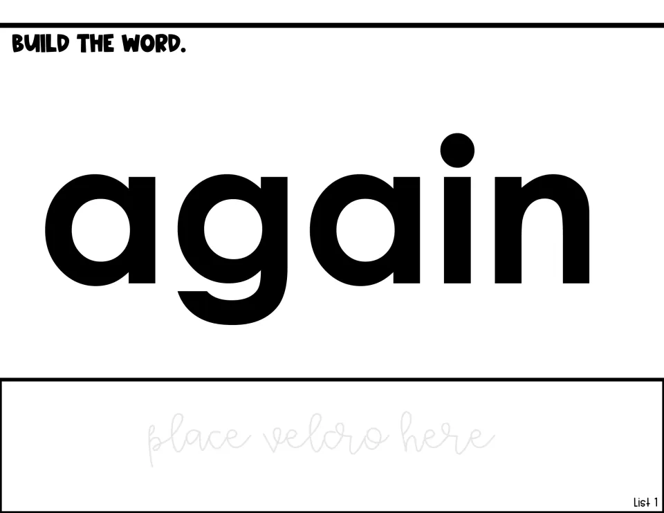 Word-building activity for 'again,' showing the target word and a designated place for Velcro attachments