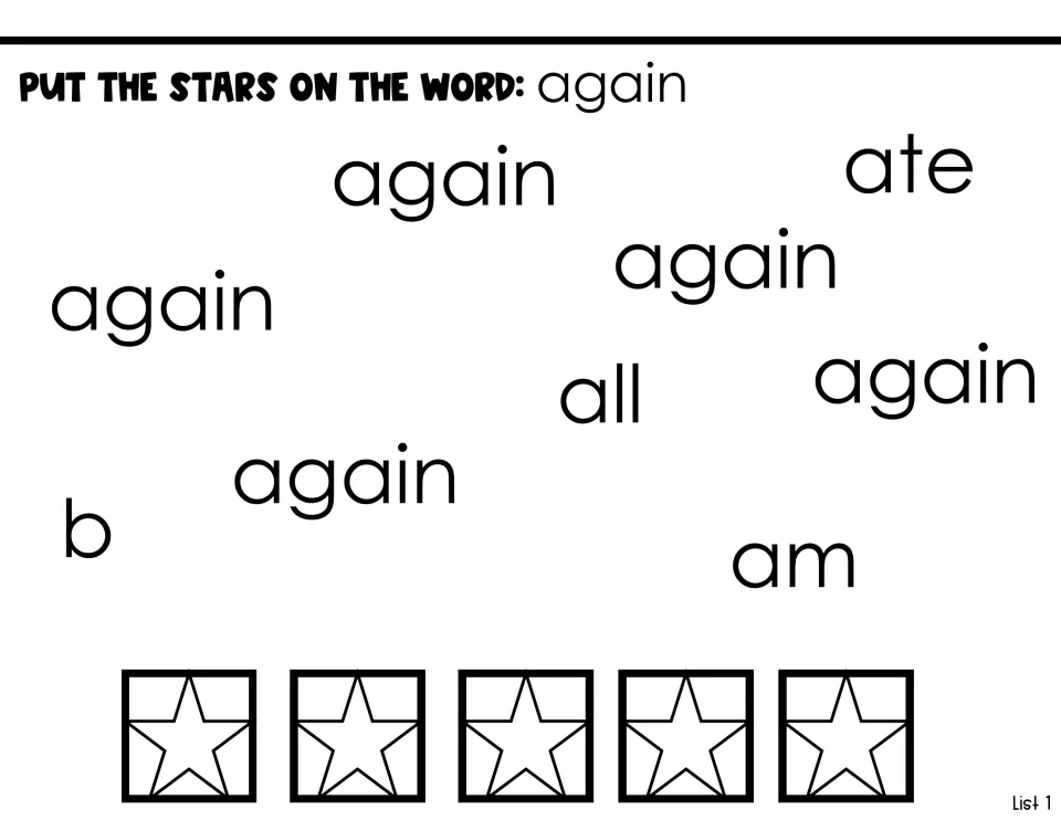 Sight-word identification task: put stars on five instances of 'again' among 'ate,' 'all,' 'b,' and 'am'