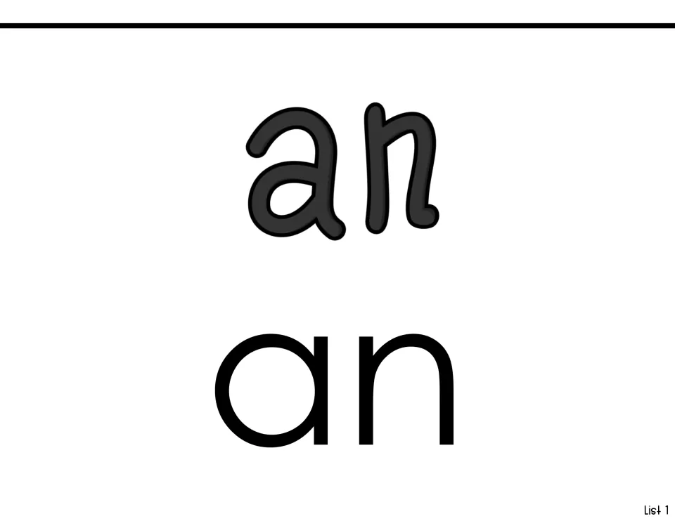 Sight-word introduction for 'an,' showing the word in two lettering styles as part of List 1 practice