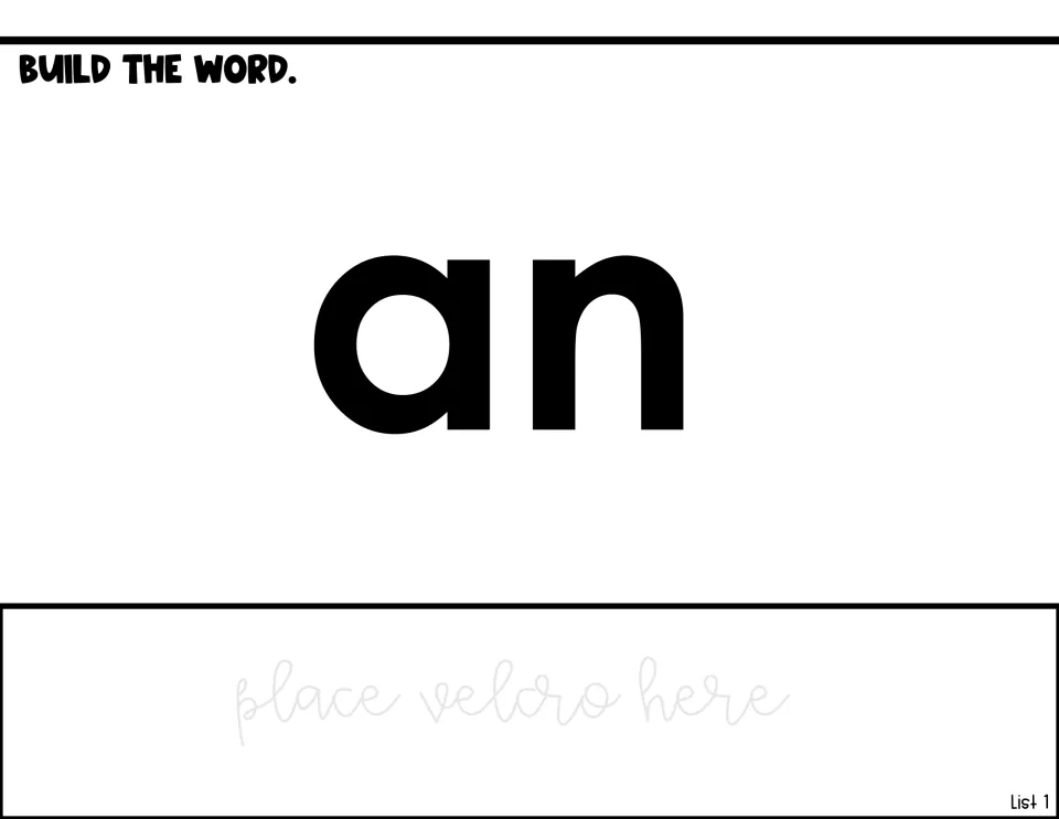 Word-building activity for 'an,' showing the target word and a designated place for Velcro attachments