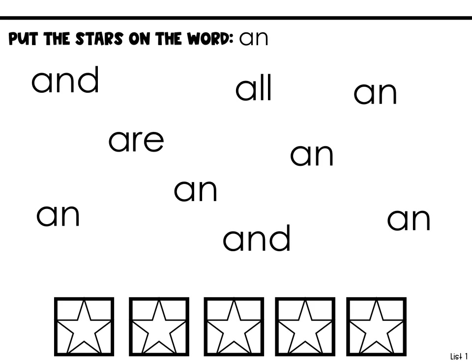 Sight-word identification task: put stars on five instances of 'an' mixed with 'and,' 'all,' and 'are'