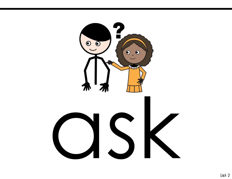 Sight word reading page for 'ask,' showing the word and two children with a question mark above them