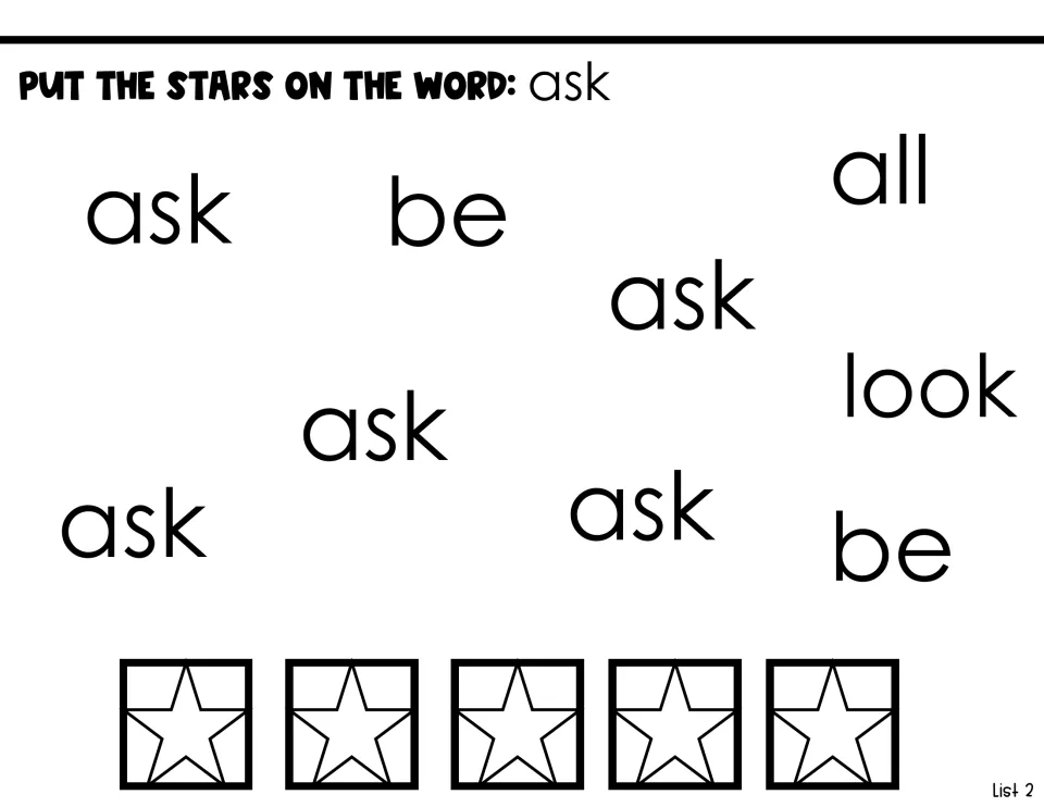 Sight word identification activity asking students to put stars on five copies of 'ask' among other words