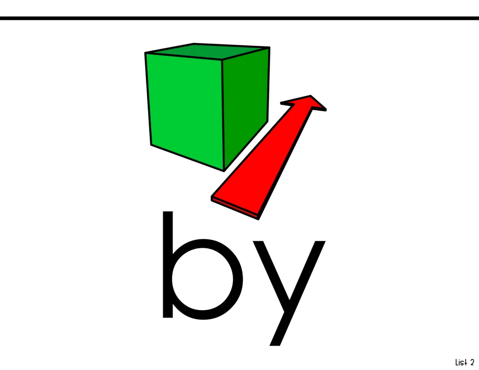 Sight word reading page for 'by,' showing the word beneath a green cube and a red arrow passing beside it