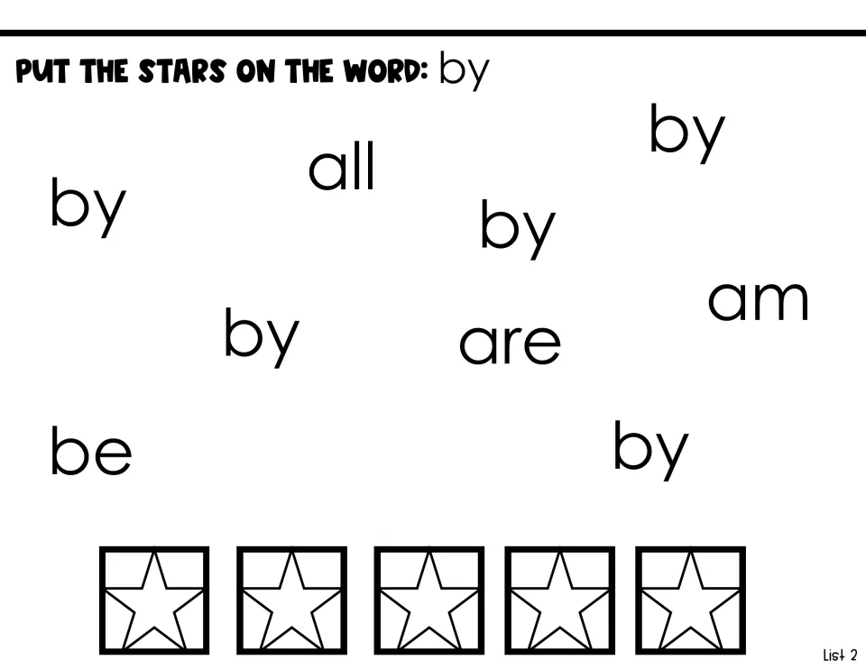 Sight word identification activity asking students to put stars on five copies of 'by' among other words