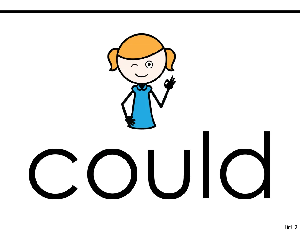 Sight word reading page for 'could,' showing the word beneath a girl winking and making an OK hand gesture