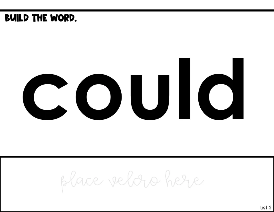 Word-building activity for 'could,' with a large model of the sight word and a 'place velcro here' direction