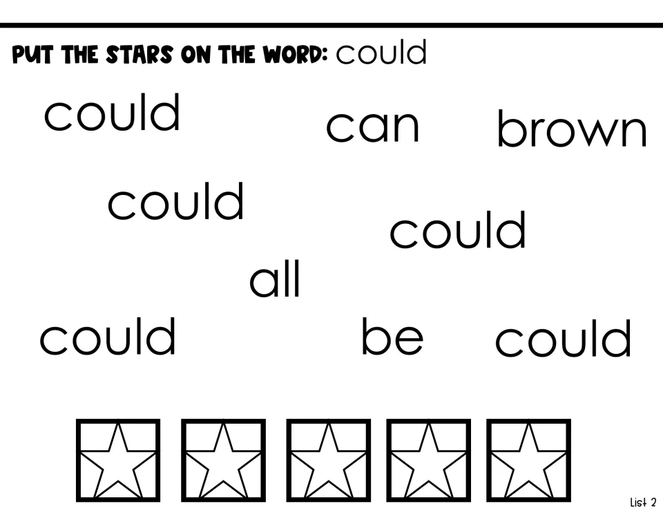 Sight word identification activity asking students to put stars on five copies of 'could' among other words
