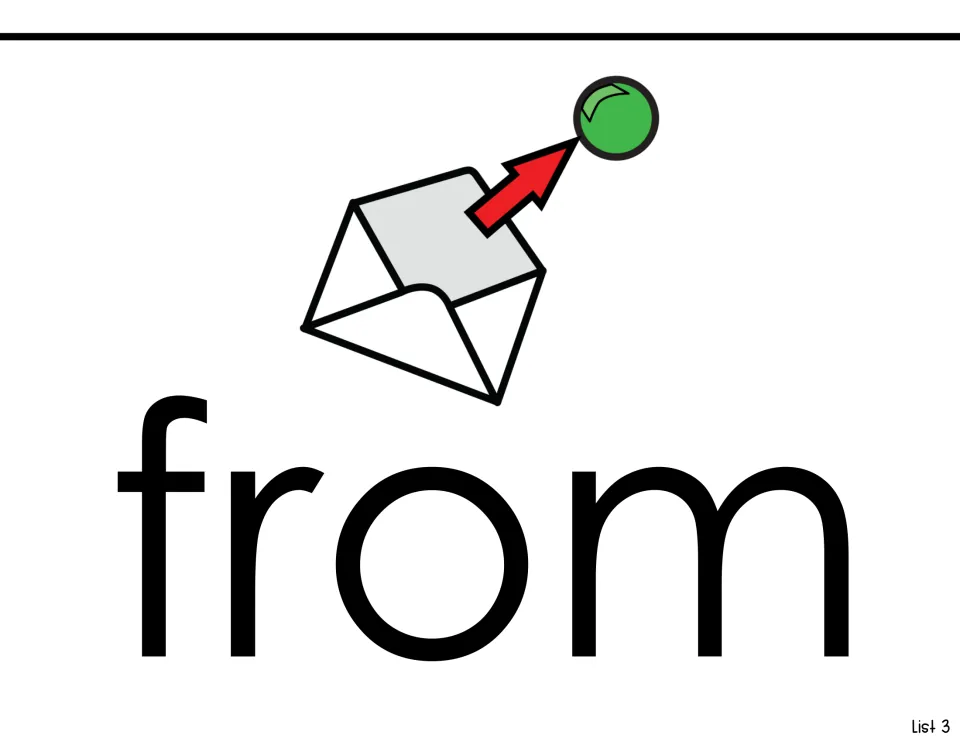 Sight-word introduction for from, showing the word beneath an envelope and an arrow pointing toward a ball