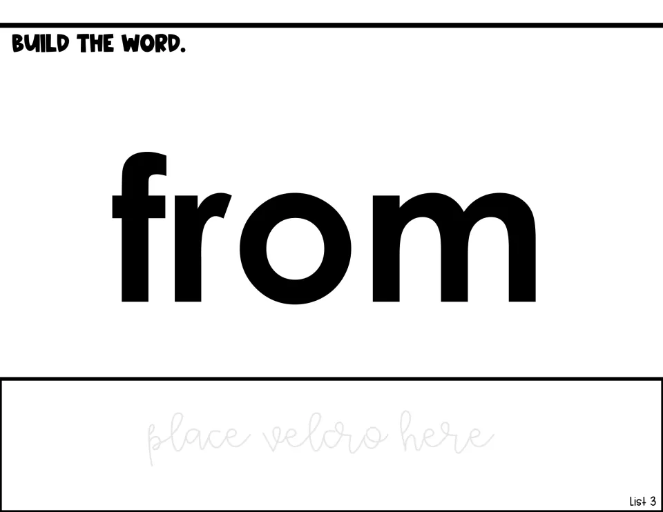 Word-building activity for from, displaying the model word and a place to attach letters using Velcro