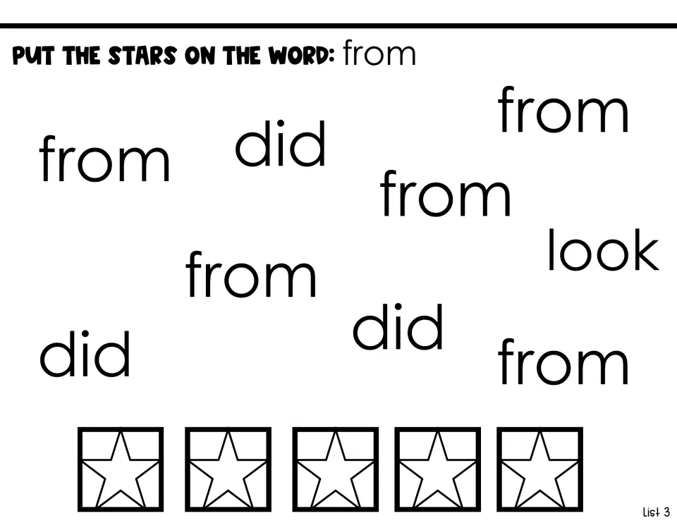 Sight-word identification activity asking students to put stars on five instances of from among did and look