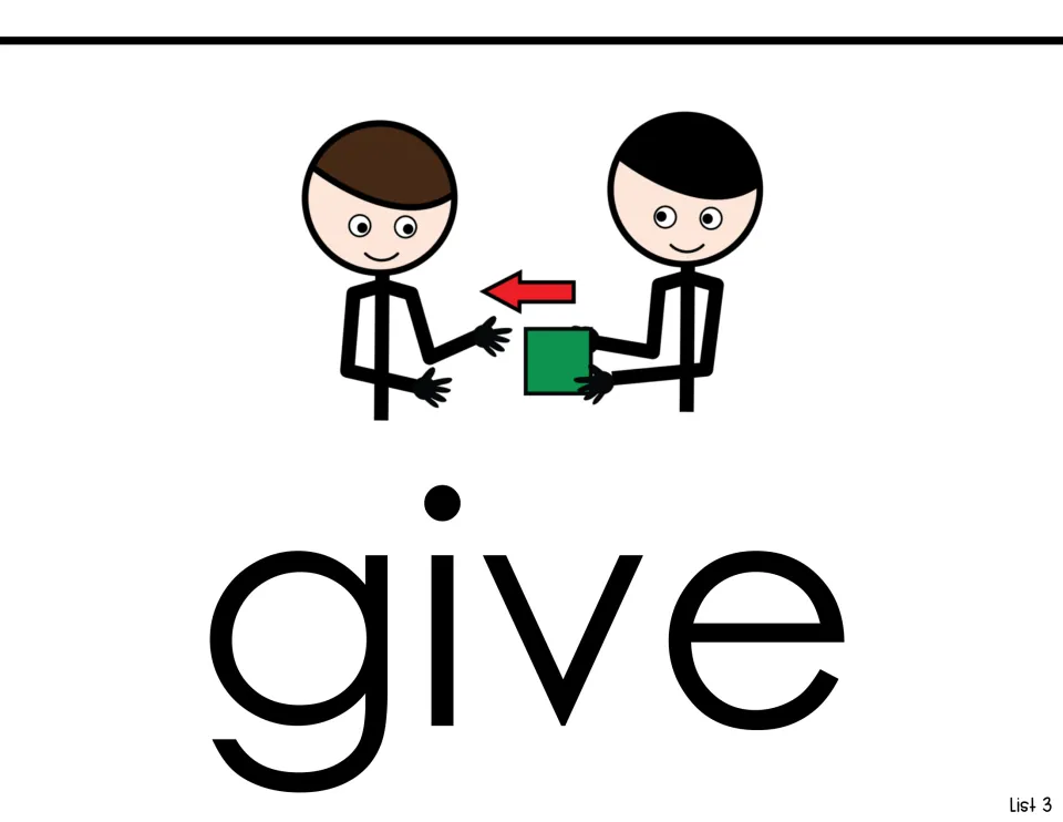 Sight-word introduction for give, showing the word beneath two people passing a green object between them