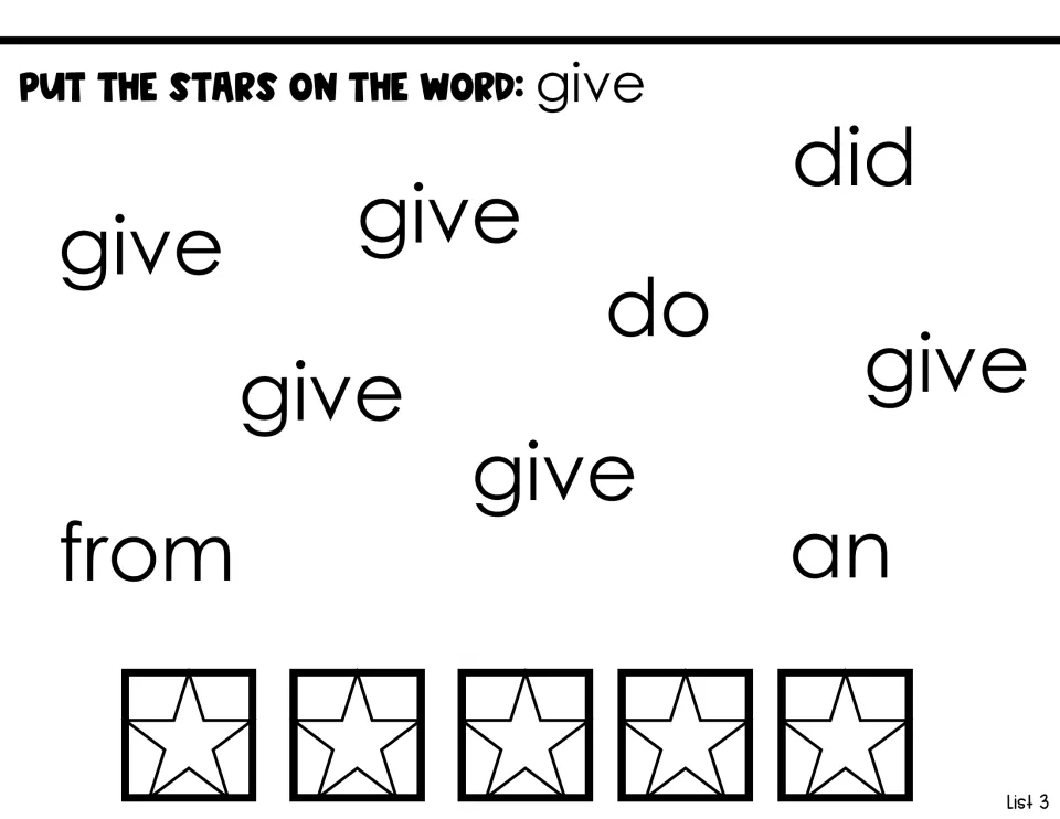 Sight-word identification activity asking students to put stars on five instances of give among other words
