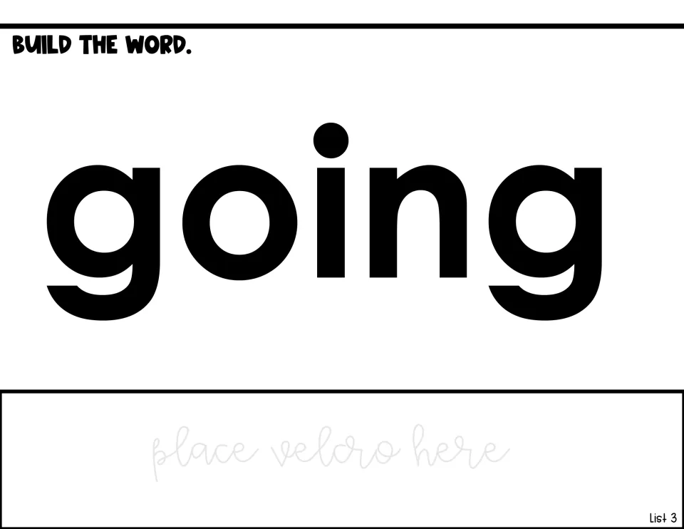 Word-building activity for going, displaying the model word and a place to attach letters using Velcro