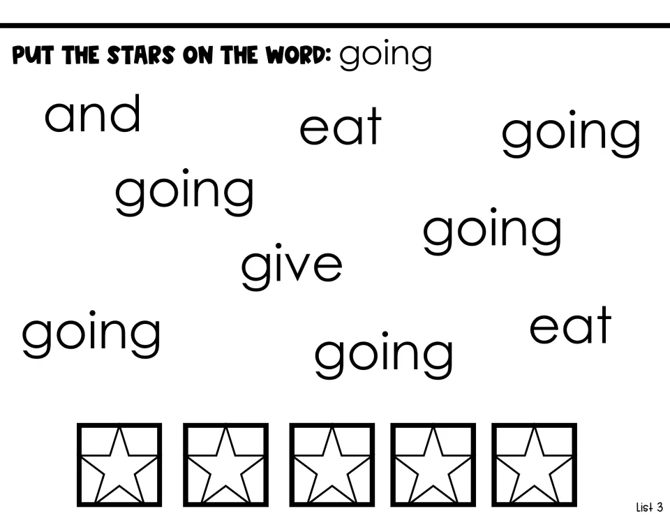 Sight-word identification activity asking students to put stars on five instances of going among and, eat, and give