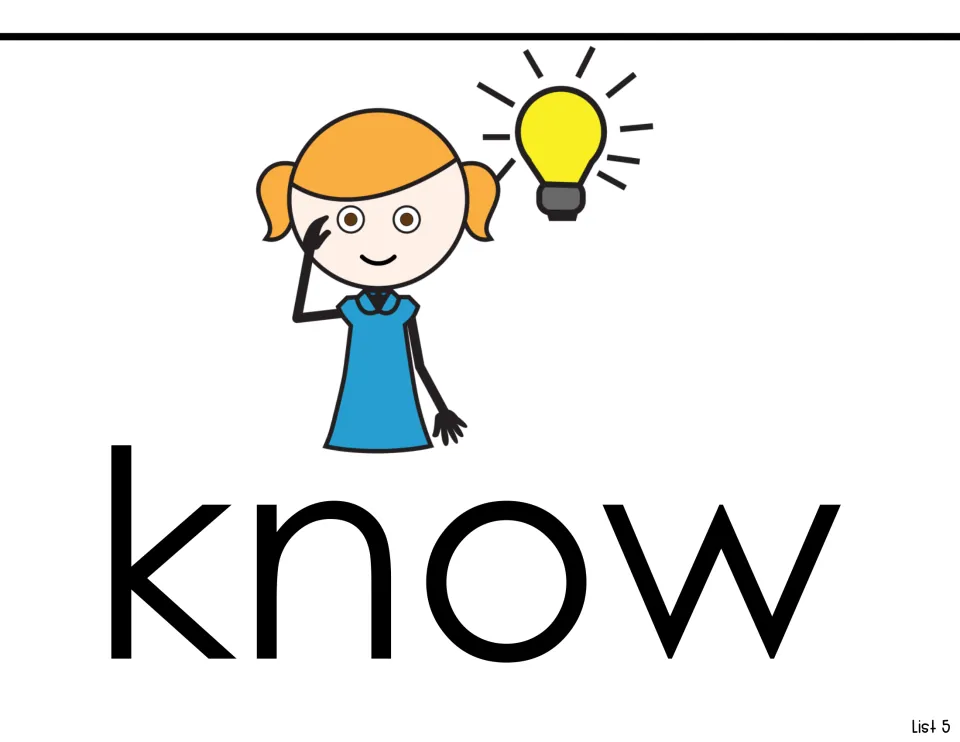 Sight-word introduction for know, pairing the printed word with a child thinking beside a light bulb