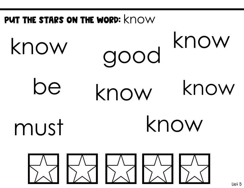 Sight-word identification activity asking students to put five stars on know among good, be, and must