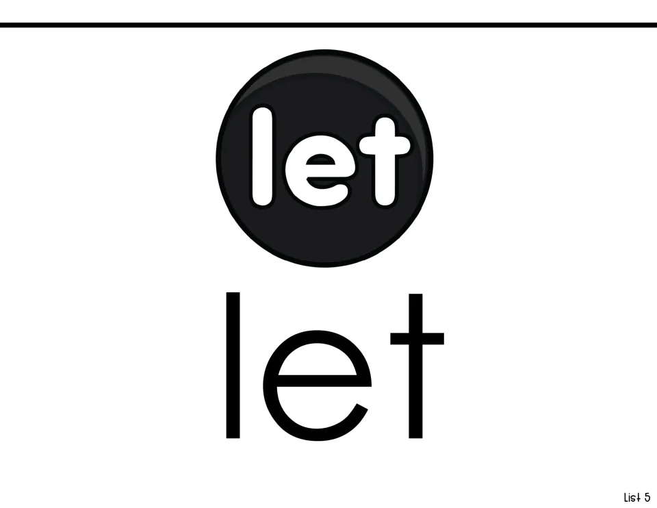 Sight-word introduction for let, showing the word in a button illustration and again in large print