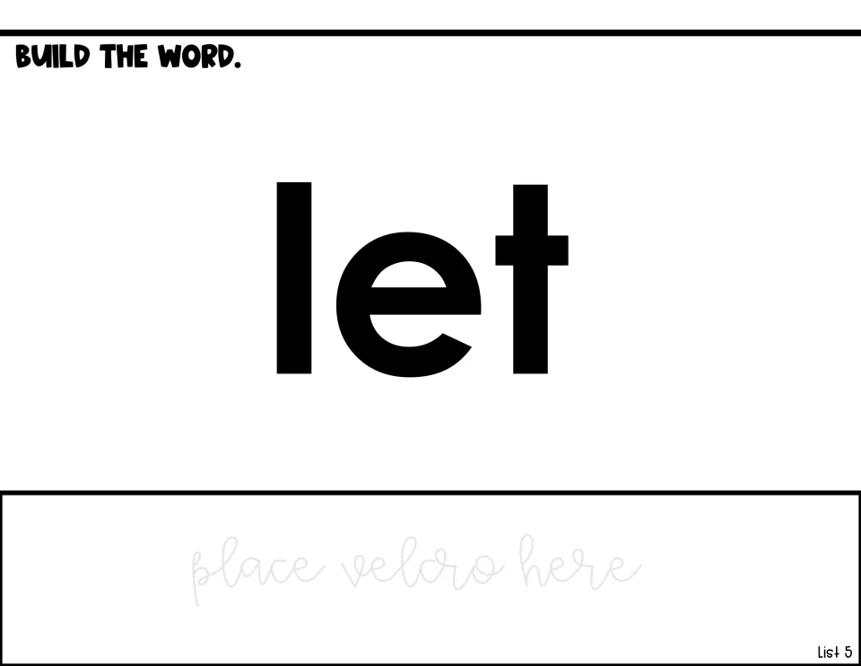 Word-building activity for let, showing the target word and a designated Velcro area for letter tiles