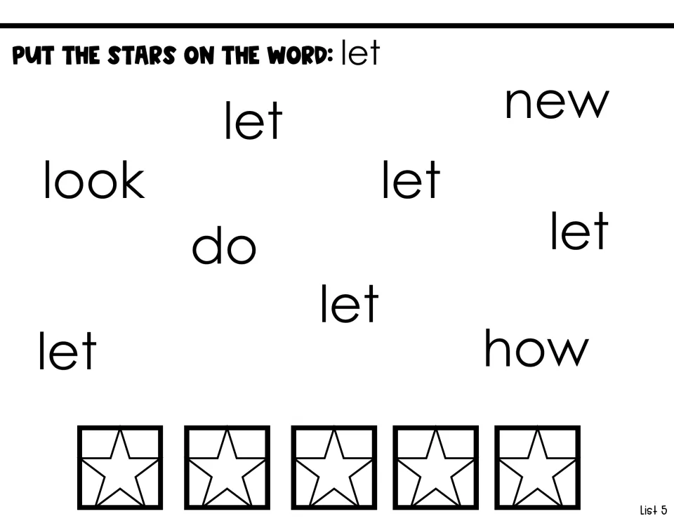 Sight-word identification activity asking students to put five stars on let among new, look, do, and how