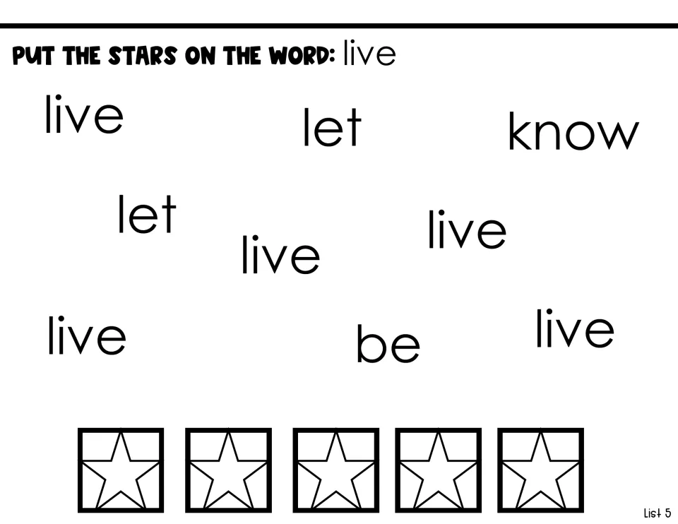 Sight-word identification activity asking students to put five stars on live among let, know, and be