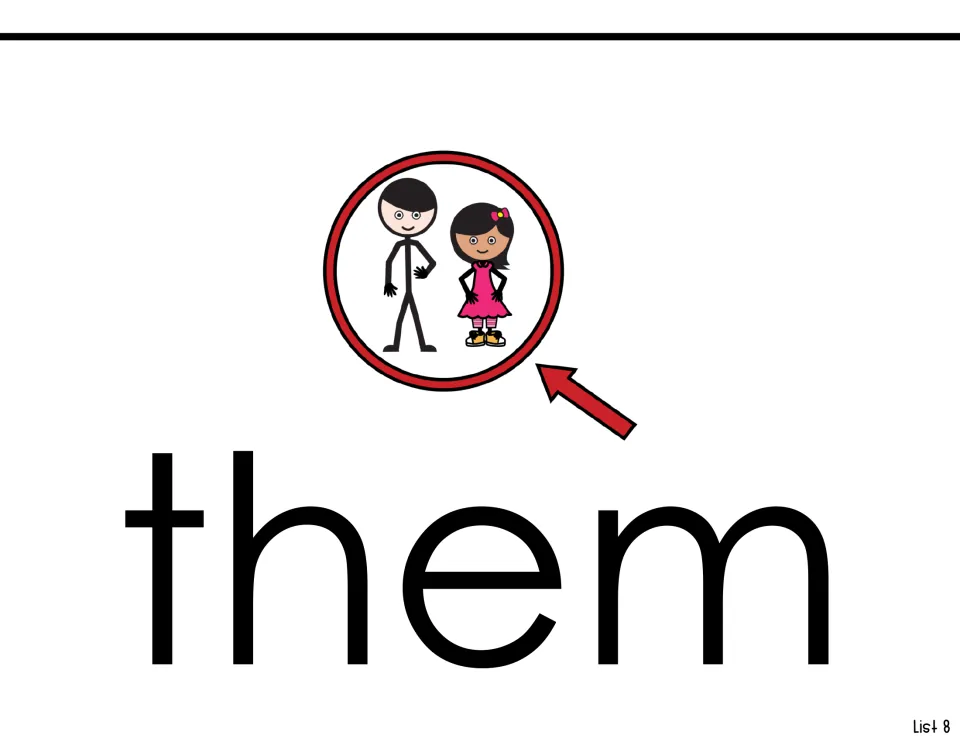 Sight-word introduction for 'them,' showing two children circled together and an arrow pointing to them