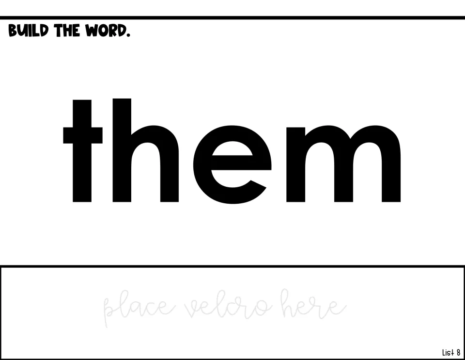 Word-building activity for 'them,' with a printed word model and a 'place velcro here' attachment prompt