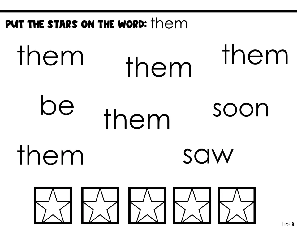 Sight-word identification activity: put stars on five copies of 'them' among the words 'be,' 'soon,' and 'saw'