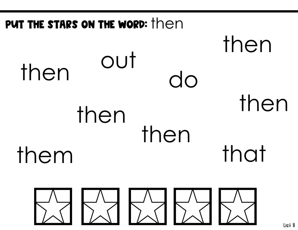 Sight-word identification activity: put stars on five copies of 'then' among 'out,' 'do,' 'them,' and 'that'