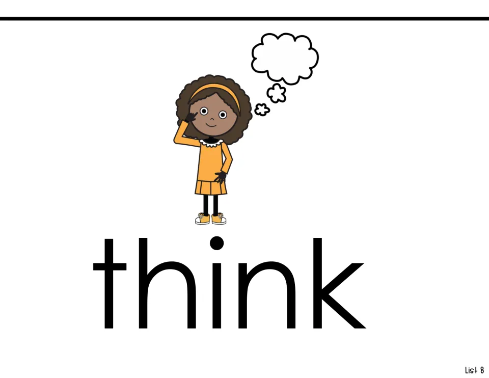 Sight-word introduction for 'think,' showing a child touching her head beneath an empty thought bubble