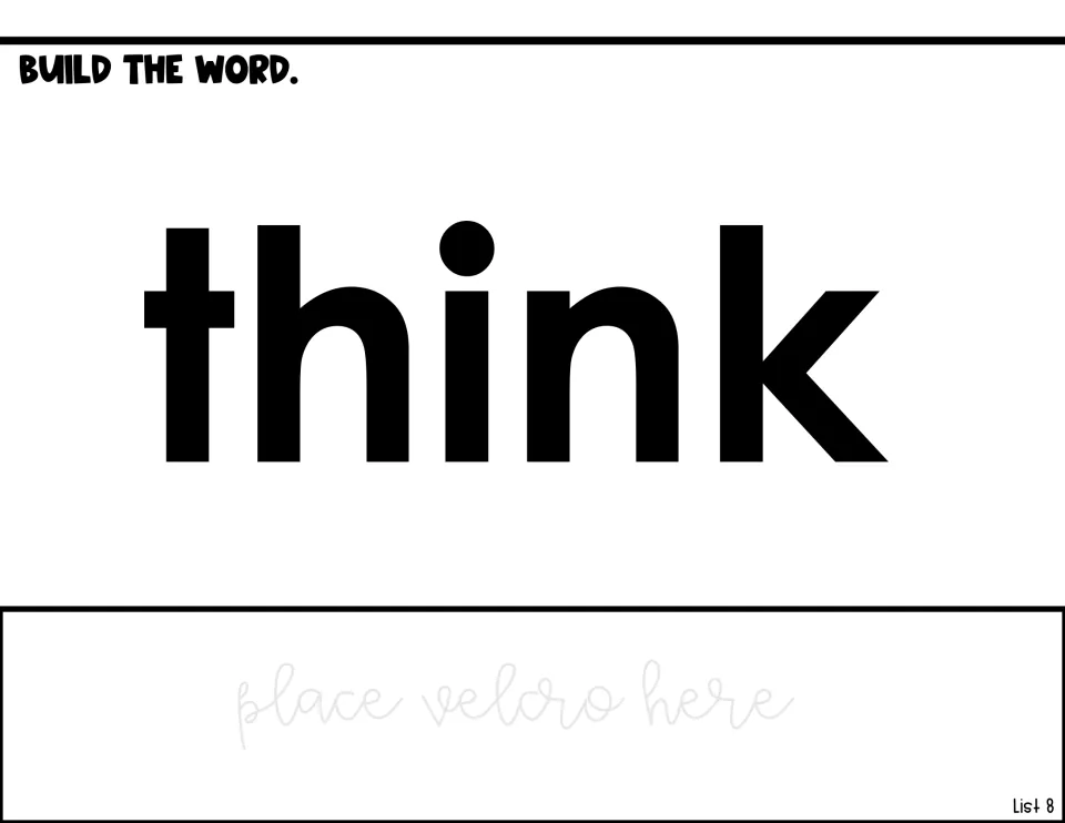 Word-building activity for 'think,' with a printed word model and a 'place velcro here' attachment prompt