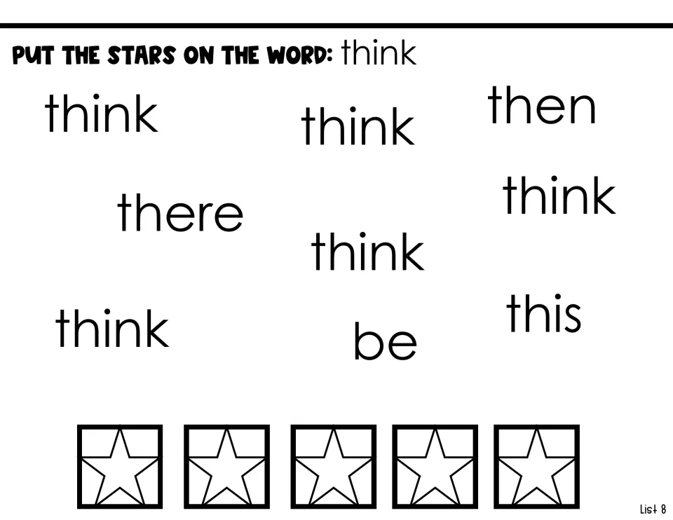 Sight-word identification activity: put stars on five copies of 'think' among 'then,' 'there,' 'this,' and 'be'