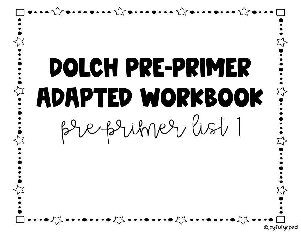 Cover of the Dolch pre-primer adapted workbook, identifying List 1 for the sight-word practice pages.