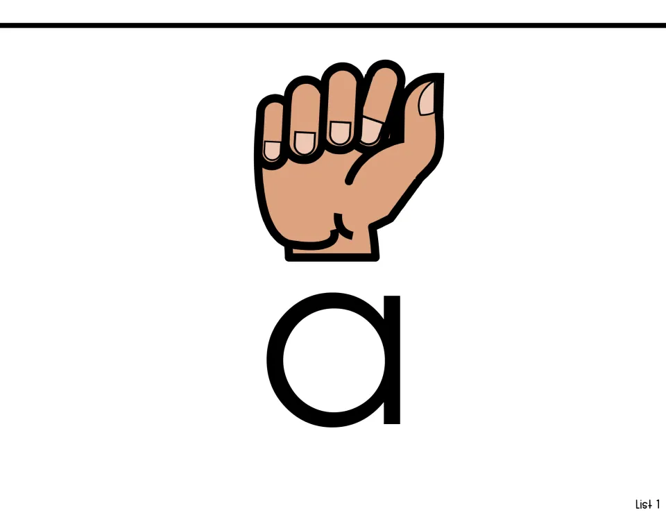 Sight-word introduction for “a,” showing the lowercase word and a hand forming the letter a in sign language.
