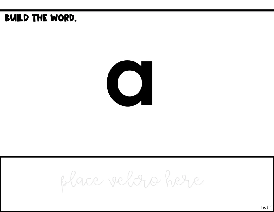 Word-building practice for “a,” displaying the target word and a direction to place Velcro for adapted use.