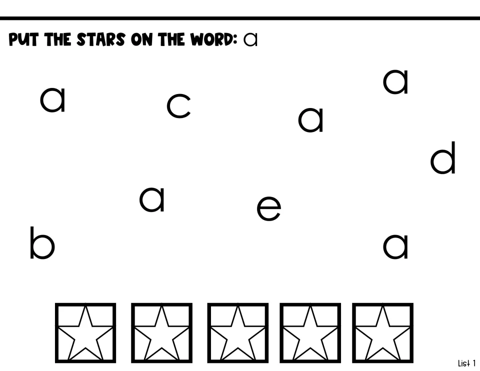 Sight-word identification for “a”: place five stars on the five matching words among the letters b, c, d, and e.