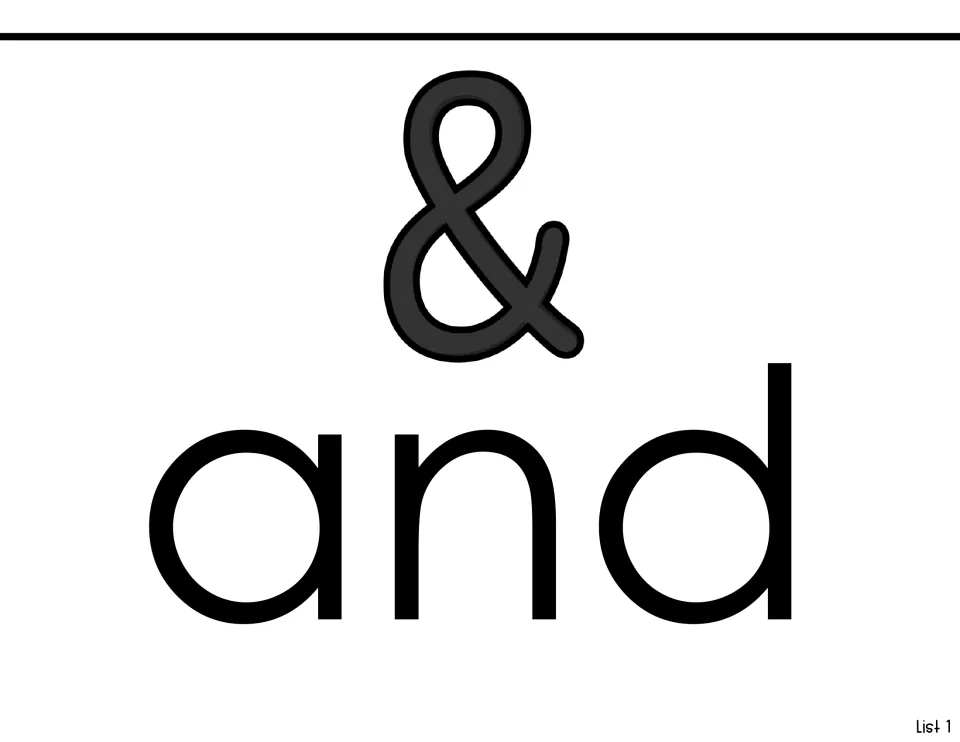Sight-word introduction for “and,” pairing the printed word with an ampersand as part of List 1 practice.