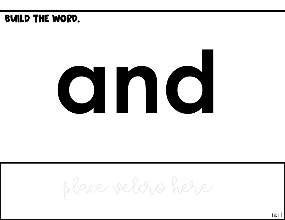 Word-building practice for “and,” displaying the target word and a direction to place Velcro for adapted use.