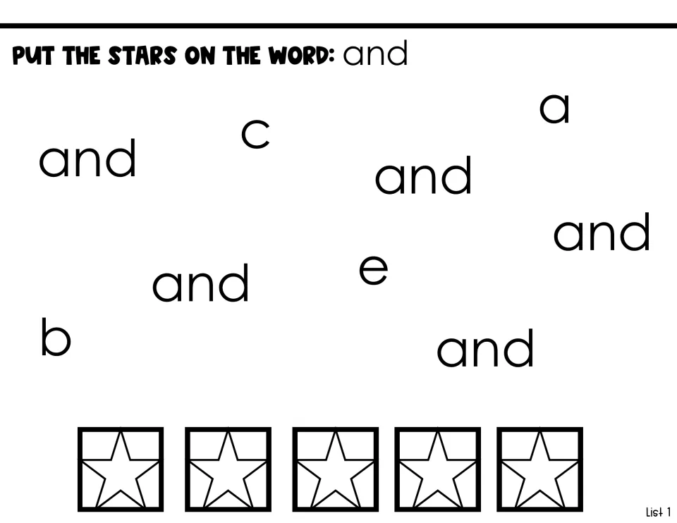Sight-word identification for “and”: place five stars on matching words among the letters a, b, c, and e.