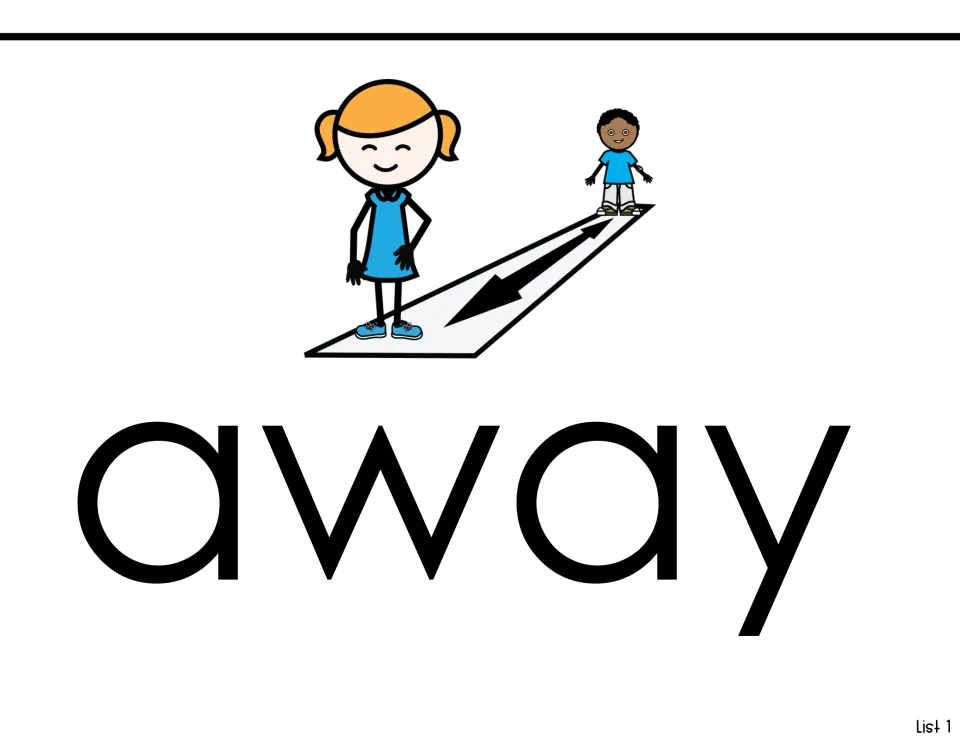 Sight-word introduction for “away,” pairing the word with two children and arrows illustrating distance.