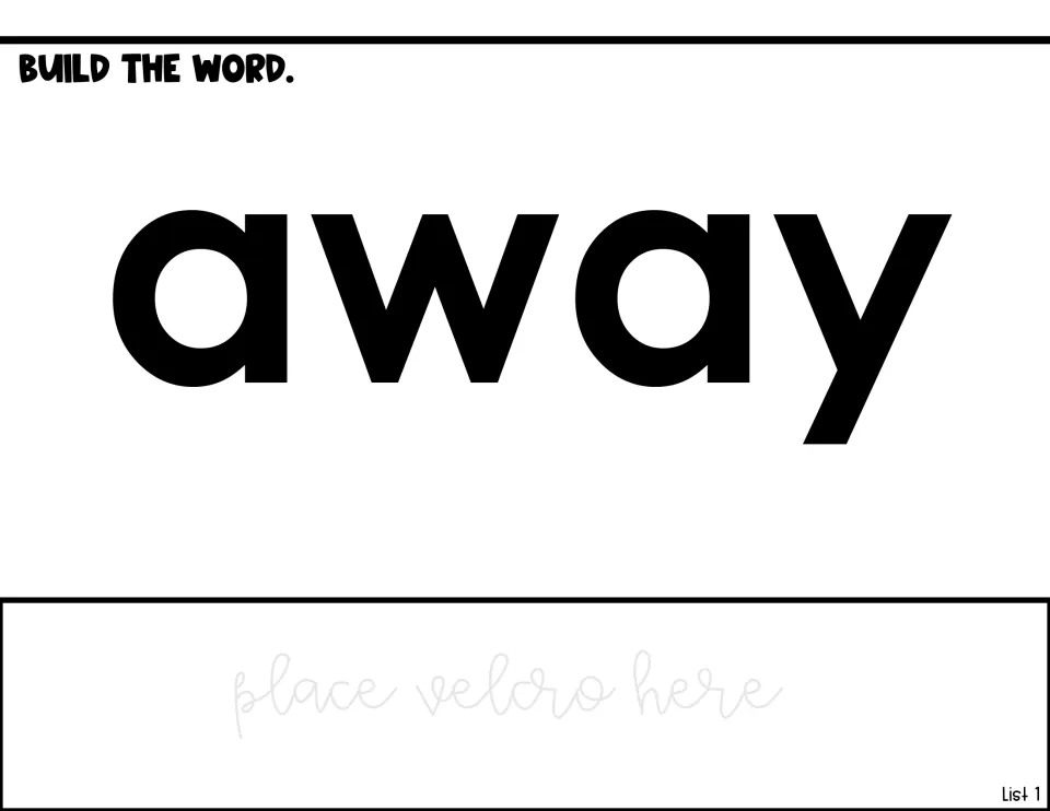 Word-building practice for “away,” displaying the target word and a direction to place Velcro for adapted use.