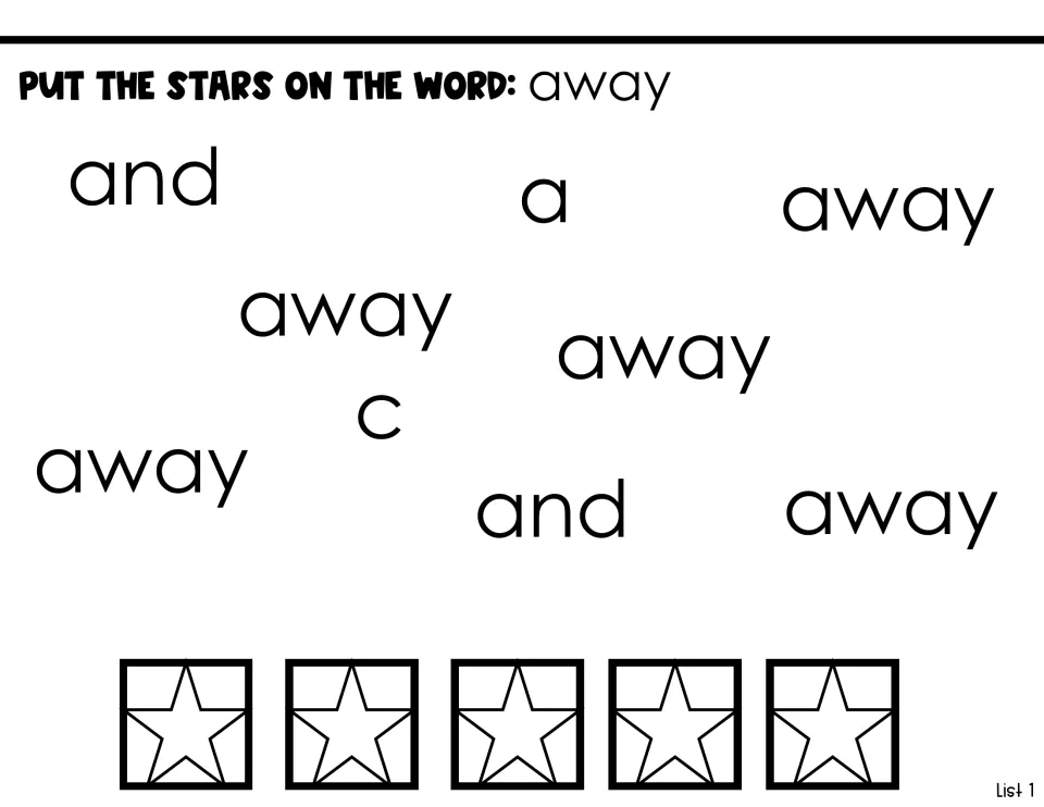 Sight-word identification for “away”: place five stars on matching words among distractors “and,” “a,” and “c.”