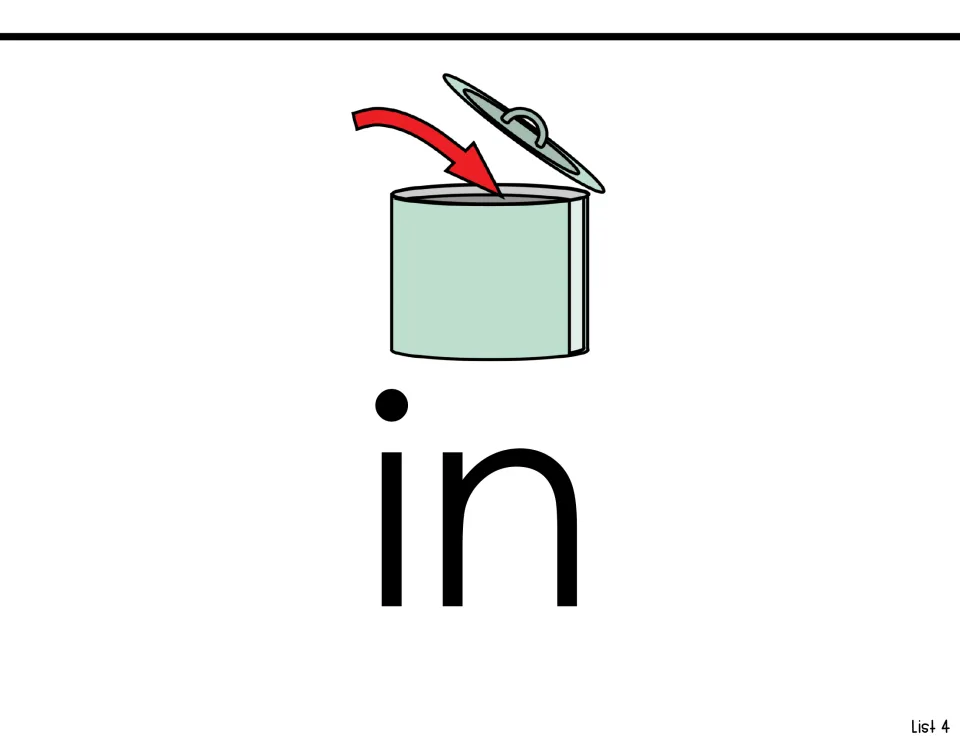 Sight-word reading page for 'in,' pairing the printed word with an arrow pointing into an open container